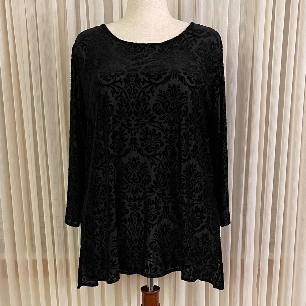 Cato Elegant Black Tunic Top With Velvet Damask Pattern